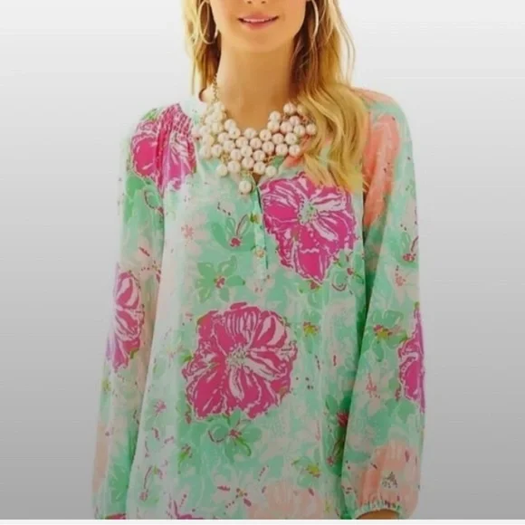 Lilly Pulitzer Elsa Blouse in Poolside Blue Beach Walk Size Small - Picture 2 of 9